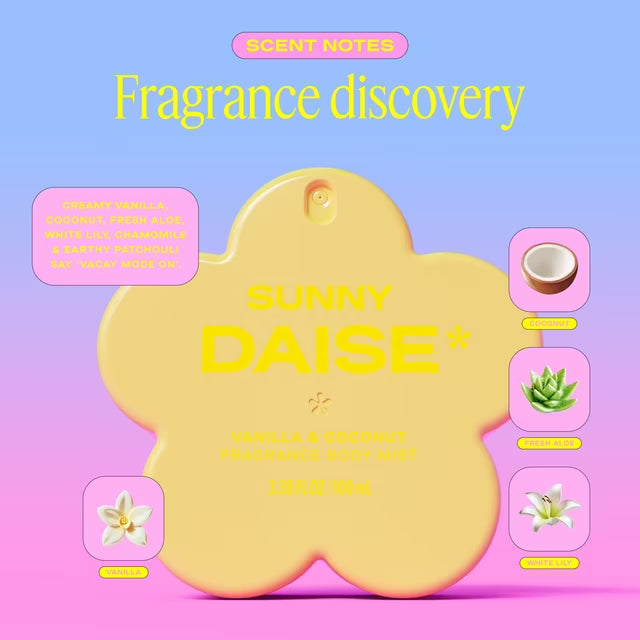 DAISE Sunny Daise Fragrance Body Mist in Vanilla & Coconut, 3.3 fl oz/100 mL, body mist, spritz, spray
