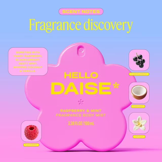 DAISE Hello Daise Fragrance Body Mist in Raspberry & Mint, 3.3 fl oz/100 mL, body mist, spritz, spray
