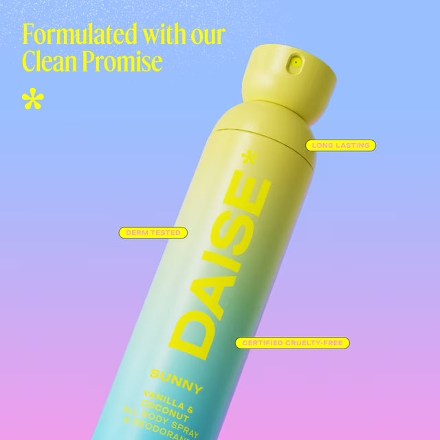 DAISE Sunny Daise All Body Spray & Deodorant in Vanilla & Coconut for 24h Freshness, 3.5 oz/120 ml, aerosol, perfume, scent