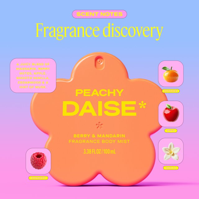 DAISE Peachy Daise Fragrance Body Mist in Berry & Mandarin, 3.3 fl oz/100 ml, spritz, spray, perfume