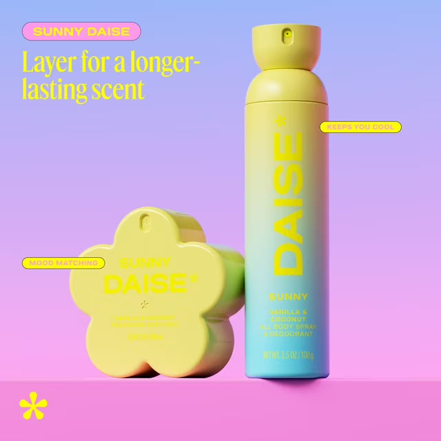 DAISE Sunny Daise Fragrance Body Mist - Vanilla & Coconut 100 mL – Long-Lasting Body Spray for Women, Hydrating, Paraben-Free, Cruelty-Free, Travel Size Perfume Mist