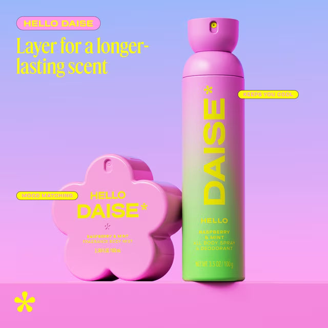 DAISE Hello Daise Fragrance Body Mist in Raspberry & Mint, 3.3 fl oz/100 mL, body mist, spritz, spray